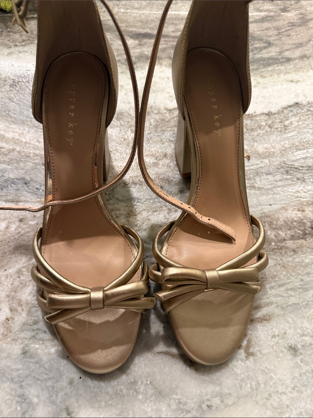 Copper Key Metallic Gold Bow Ankle-Strap Block Heels